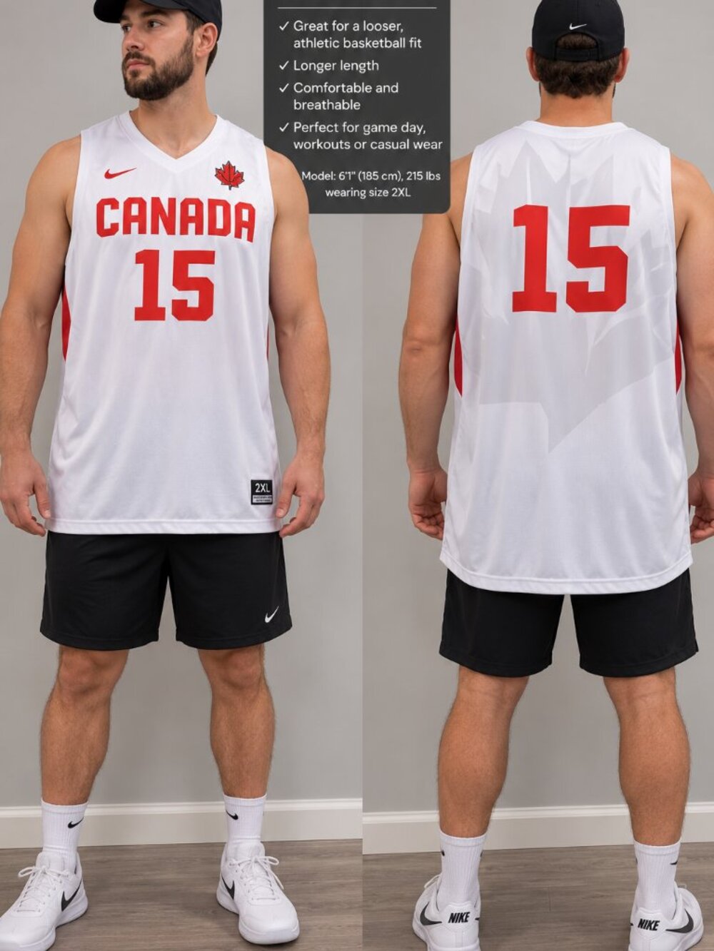 🇨🇦 Nike Team Canada Basketball #15 Jersey – Men's 2XL – White/Red